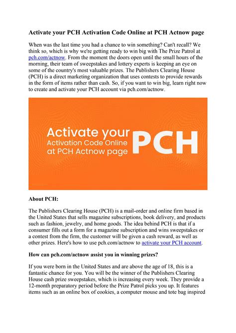 PCH Postcard Activation Code 3) Click Submit Code and a new page will pop up with a few more registration questions for you to fill out. . Www pch actnow